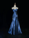 Sexy Strapless Mermaid Beaded Evening Gown Blue Sweetheart Satin Prom Dress Y7928 by simplepromdress