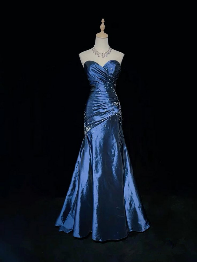 Sexy Strapless Mermaid Beaded Evening Gown Blue Sweetheart Satin Prom Dress Y7928 Hover Image