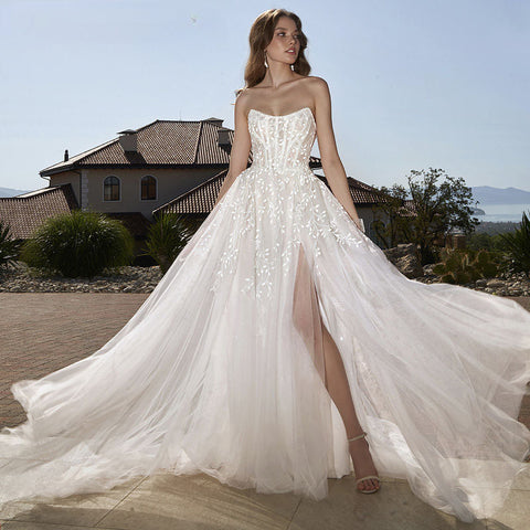 Sweetheart Crystal Spaghetti Strap Wedding Dress Elegant Tulle Sleeveless A-Line Bride Party Sexy Backless Trouwjurk