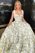 A-Line Sweetheart Floral Printed Satin Long Prom Dresses by Kissprom
