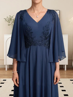 A-line V-Neck Tea-Length Chiffon Lace Mother of the Bride Dress With Beading Sequins by Dreamylily