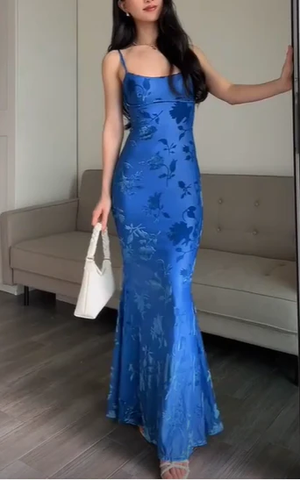 Vestido de noche largo estilo sirena con estampado azul encantador, vestido de fiesta Y7490