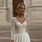 Modern Long Sleeve Wedding Dresses Simple Chiffon Lace Sequined Bridal Gowns Charming Backless A-Line vestidos de noiva by payinti