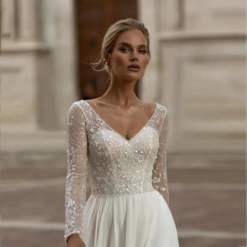 Modern Long Sleeve Wedding Dresses Simple Chiffon Lace Sequined Bridal Gowns Charming Backless A-Line vestidos de noiva by payinti