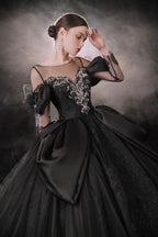 Dramatic Black Ball Gown Illusion Neckline Satin Puff Sleeve Beaded Lace Wedding Dress with Oversized Train E-305
