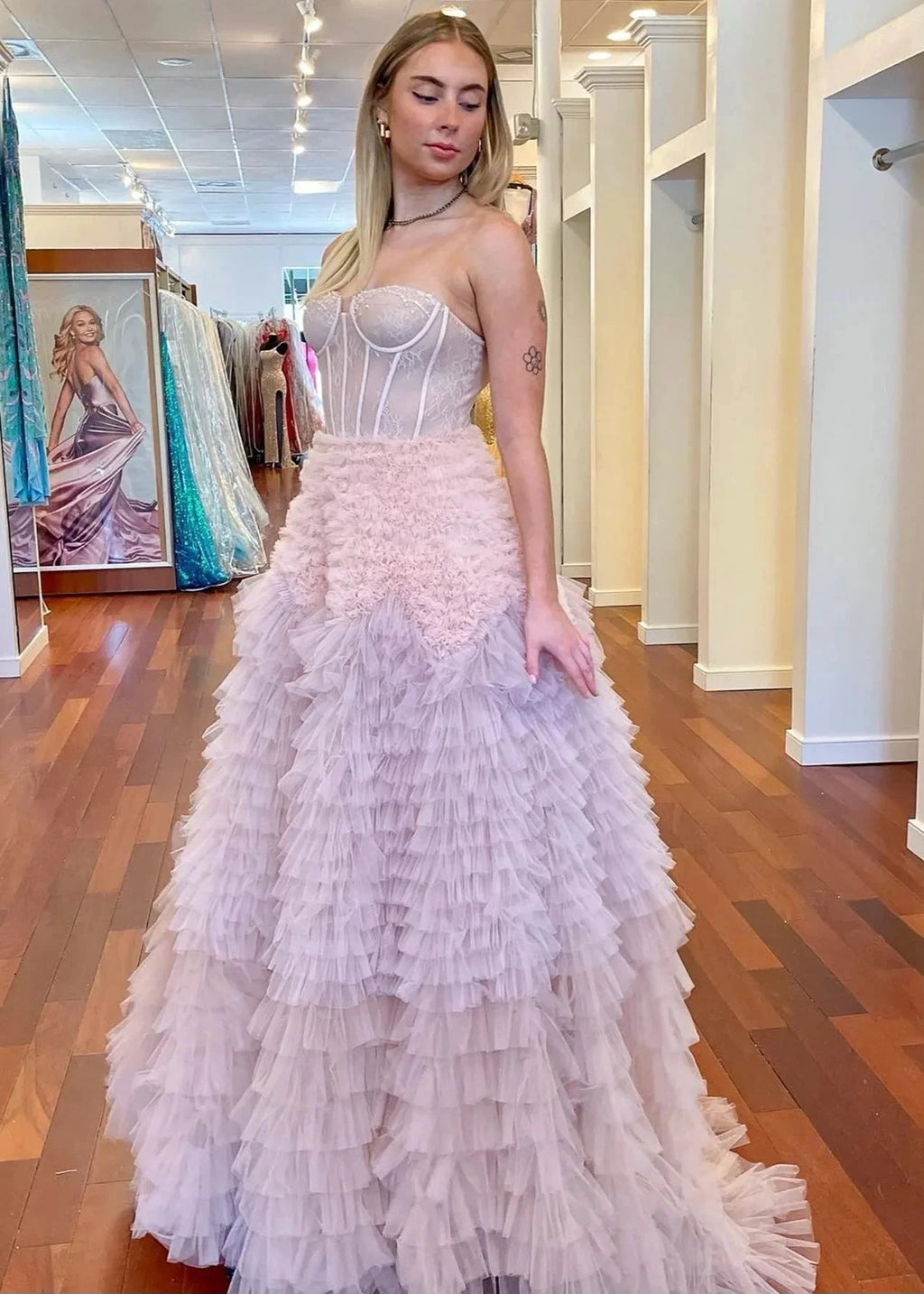 Kaia |A Line Sweetheart Tiered Ruffled Tulle Long Prom Dress by KissProm