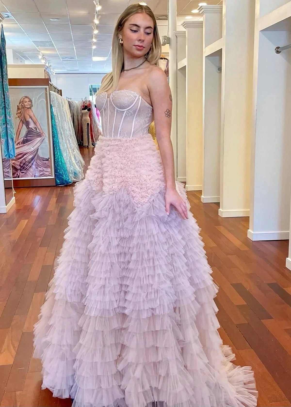 Kaia |A Line Sweetheart Tiered Ruffled Tulle Long Prom Dress by KissProm