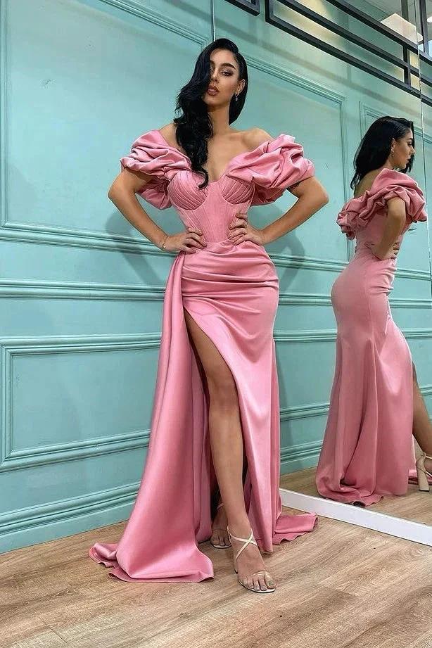 Split Front Rose Petal Pink Mermaid Prom Dress with Off-The-Shoulder by BIZTUNNEL