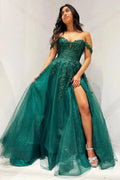 Elliana | Glitter Emerald Appliques Off-the-Shoulder A-Line Long Prom Dress by KissProm