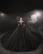 Dramatic Black Ball Gown Illusion Neckline Satin Puff Sleeve Beaded Lace Wedding Dress with Oversized Train E-305