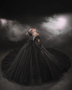 Dramatic Black Ball Gown Illusion Neckline Satin Puff Sleeve Beaded Lace Wedding Dress with Oversized Train E-305