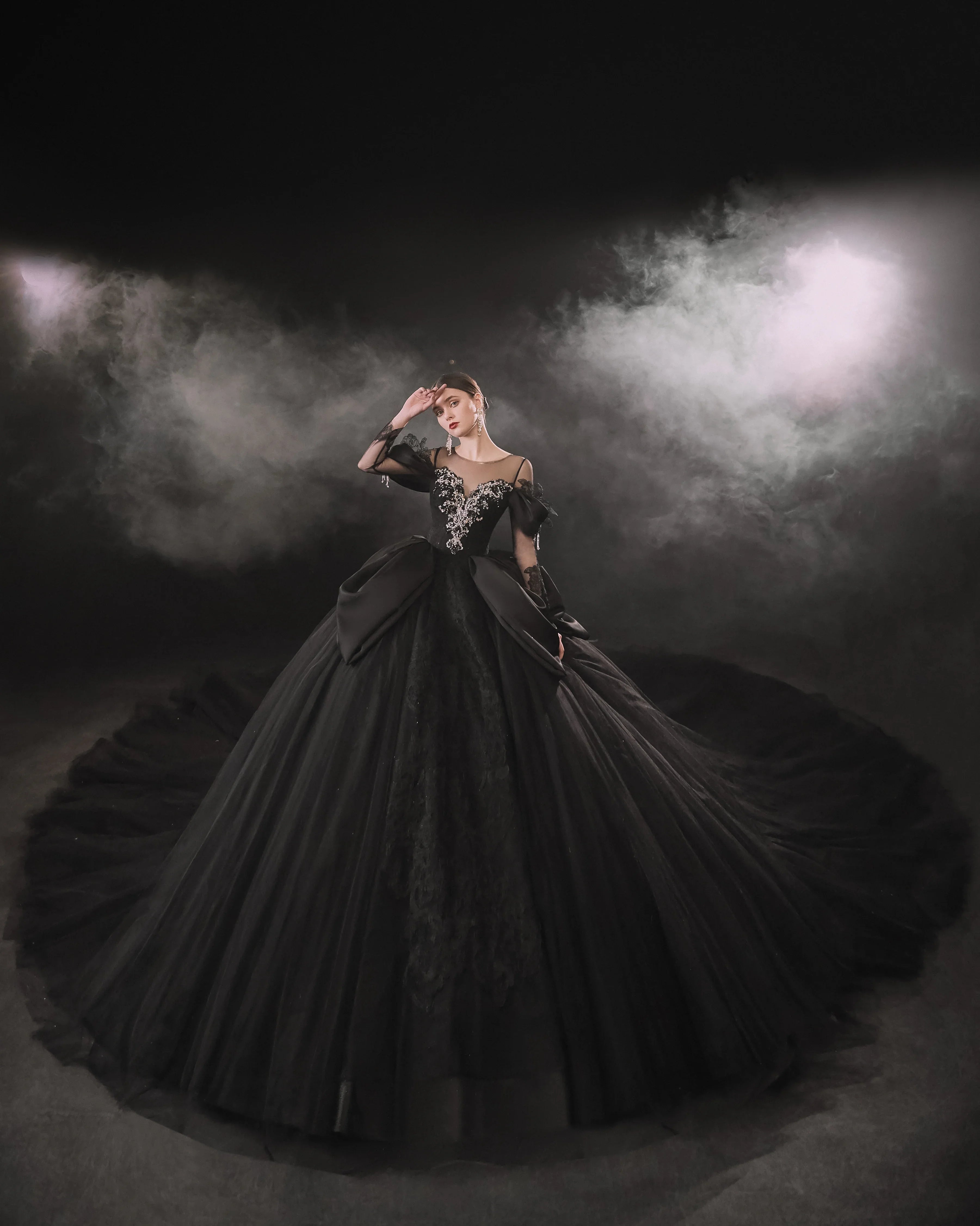 Dramatic Black Ball Gown Illusion Neckline Satin Puff Sleeve Beaded Lace Wedding Dress with Oversized Train E-305