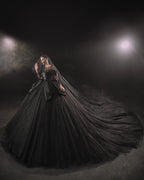 Dramatic Black Ball Gown Illusion Neckline Satin Puff Sleeve Beaded Lace Wedding Dress with Oversized Train E-305