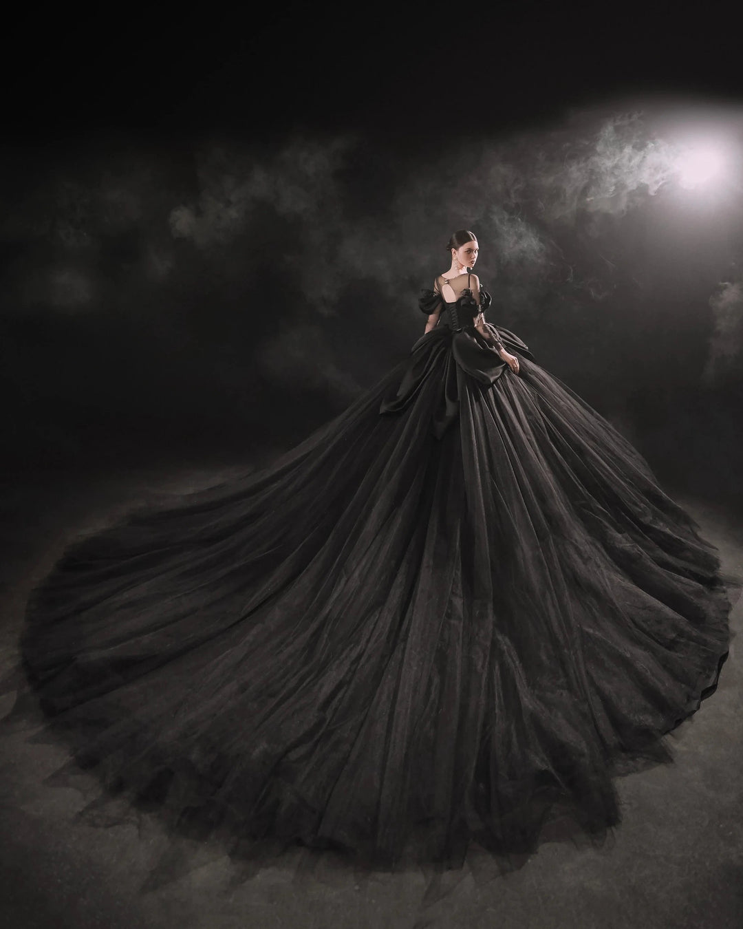 Vestido de novia negro con escote ilusión, mangas abullonadas de satén y encaje con cuentas, con cola extragrande E-305