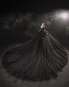 Dramatic Black Ball Gown Illusion Neckline Satin Puff Sleeve Beaded Lace Wedding Dress with Oversized Train E-305