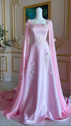 Vestido de noche largo de satén rosa de lujo con corte A y bonitos apliques, vestido de fiesta Y7591