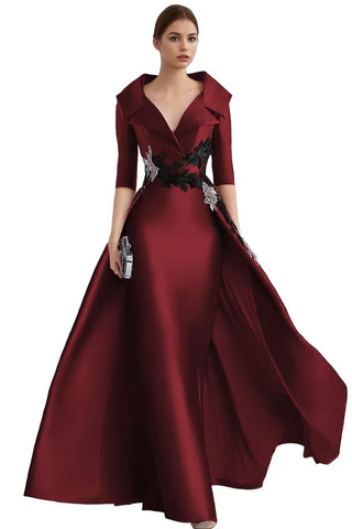 Wine red satin large collar dress