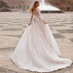 A-Line Round Neck Wedding Dress Crystal Beads Elegant Ladies Bohemian Lace Applique Long Sleeve Bride Bridal Gowns Seaside Party by payinti