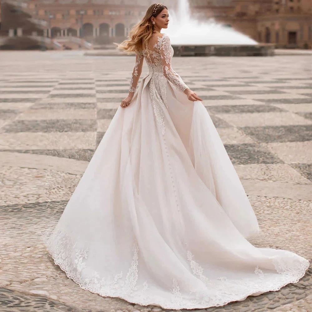 A-Line Round Neck Wedding Dress Crystal Beads Elegant Ladies Bohemian Lace Applique Long Sleeve Bride Bridal Gowns Seaside Party by payinti