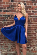 Royal Blue Satin Homecoming Dresses Backless Simple Short Prom Dresses by Ombreprom