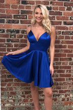 Royal Blue Satin Homecoming Dresses Backless Simple Short Prom Dresses by Ombreprom