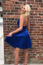 Royal Blue Satin Homecoming Dresses Backless Simple Short Prom Dresses by Ombreprom