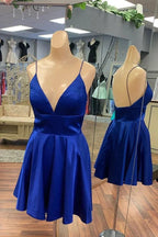 Royal Blue Satin Homecoming Dresses Backless Simple Short Prom Dresses by Ombreprom