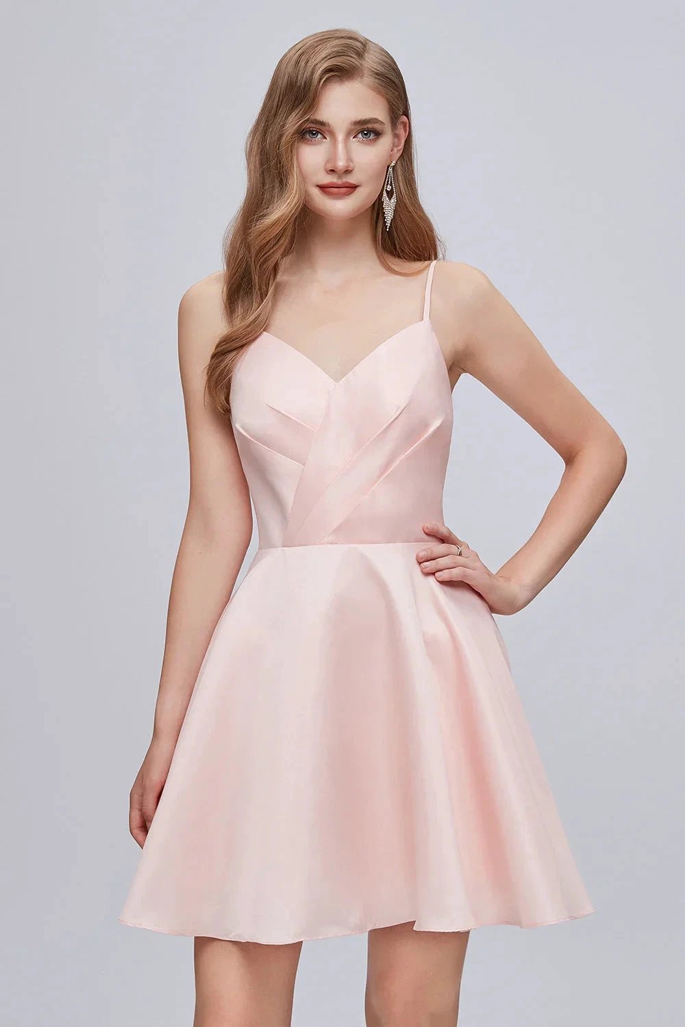 Pink V Neck Spaghetti Strap A Line Lace Up Short Homecoming Dresses by Cicinia