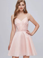 Pink V Neck Spaghetti Strap A Line Lace Up Short Homecoming Dresses by Cicinia