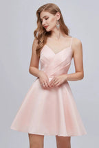Pink V Neck Spaghetti Strap A Line Lace Up Short Homecoming Dresses by Cicinia