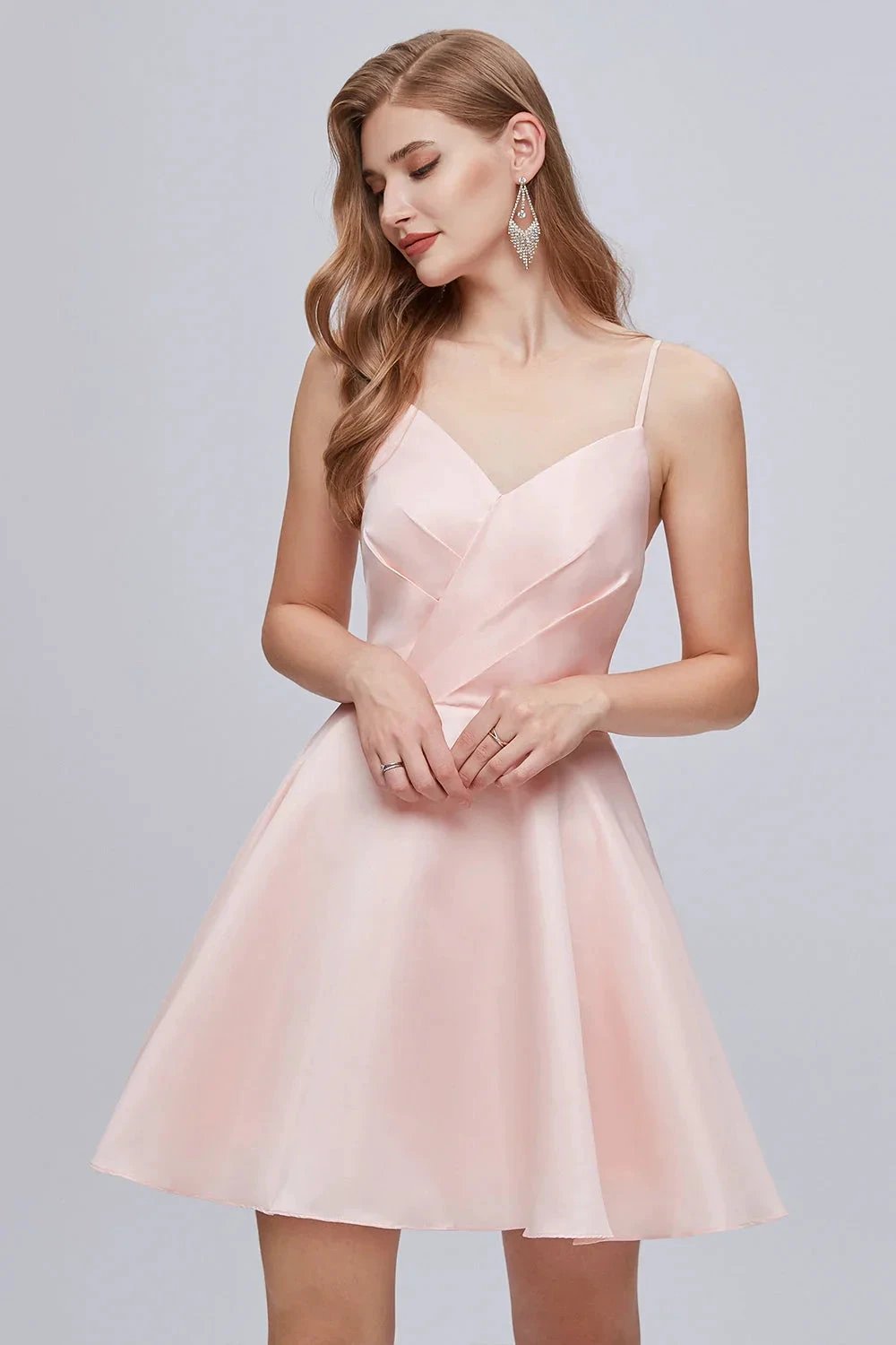Pink V Neck Spaghetti Strap A Line Lace Up Short Homecoming Dresses by Cicinia