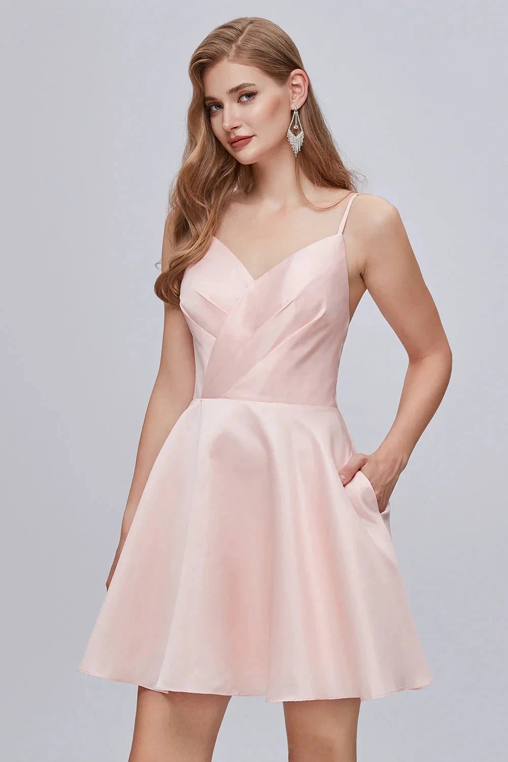 Pink V Neck Spaghetti Strap A Line Lace Up Short Homecoming Dresses by Cicinia