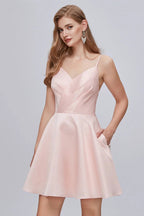 Pink V Neck Spaghetti Strap A Line Lace Up Short Homecoming Dresses by Cicinia