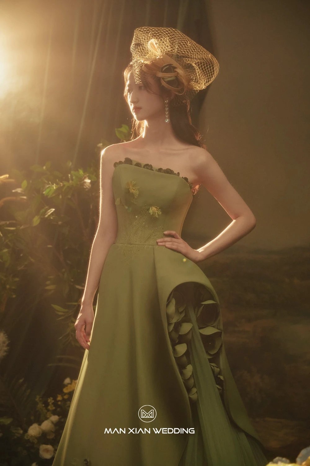 Autumn Olive Green Strapless Satin Ball Gown with 3D Floral Embellishments & Lace-Up Back by ZAPDRESS