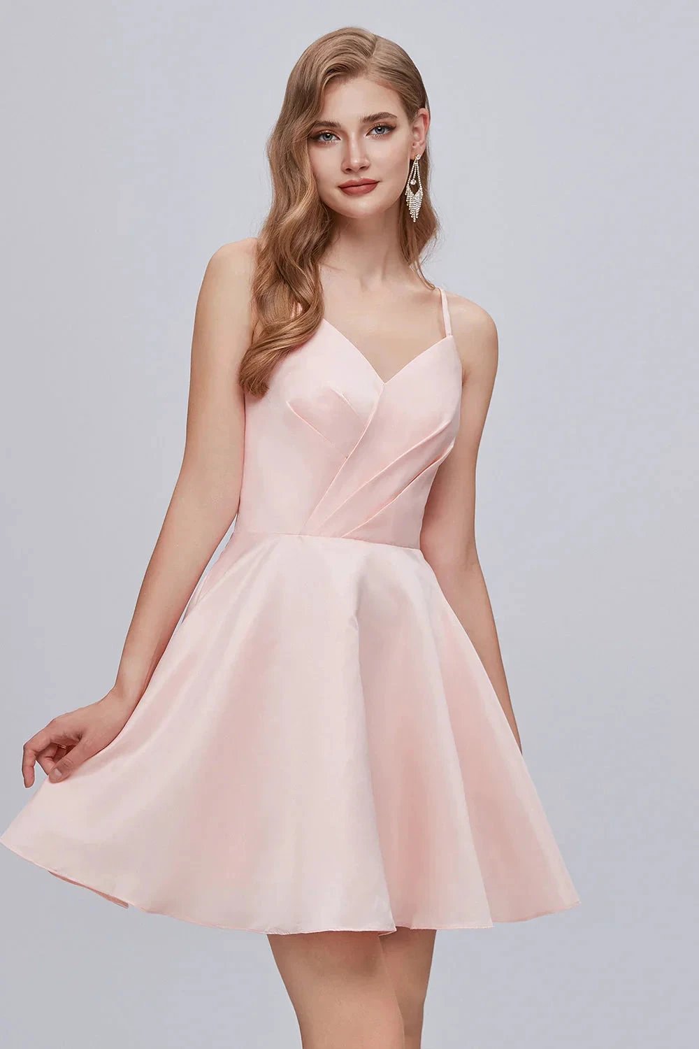 Pink V Neck Spaghetti Strap A Line Lace Up Short Homecoming Dresses by Cicinia