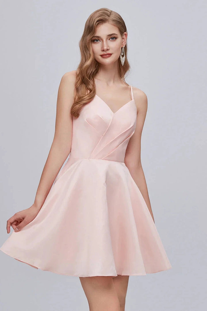 Pink V Neck Spaghetti Strap A Line Lace Up Short Homecoming Dresses by Cicinia