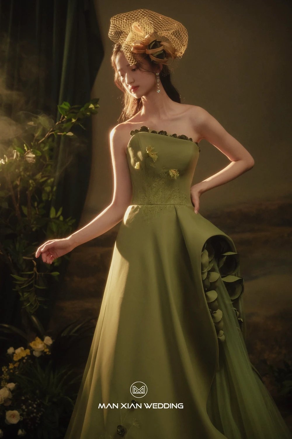 Autumn Olive Green Strapless Satin Ball Gown with 3D Floral Embellishments & Lace-Up Back by ZAPDRESS