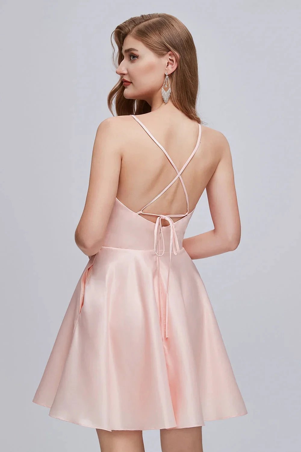 Pink V Neck Spaghetti Strap A Line Lace Up Short Homecoming Dresses by Cicinia