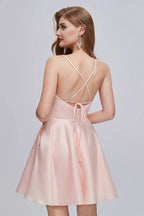 Pink V Neck Spaghetti Strap A Line Lace Up Short Homecoming Dresses by Cicinia