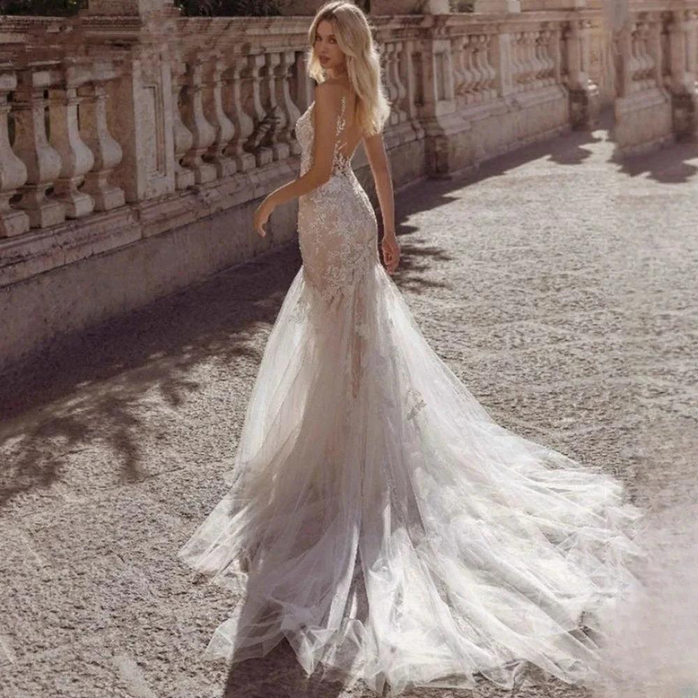 Sexy Spaghetti Straps Vestidos De Novia Lace V-Neck Mermaid Wedding Dresses Appliques Backless Vestido De Noiva by payinti