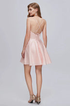 Pink V Neck Spaghetti Strap A Line Lace Up Short Homecoming Dresses by Cicinia