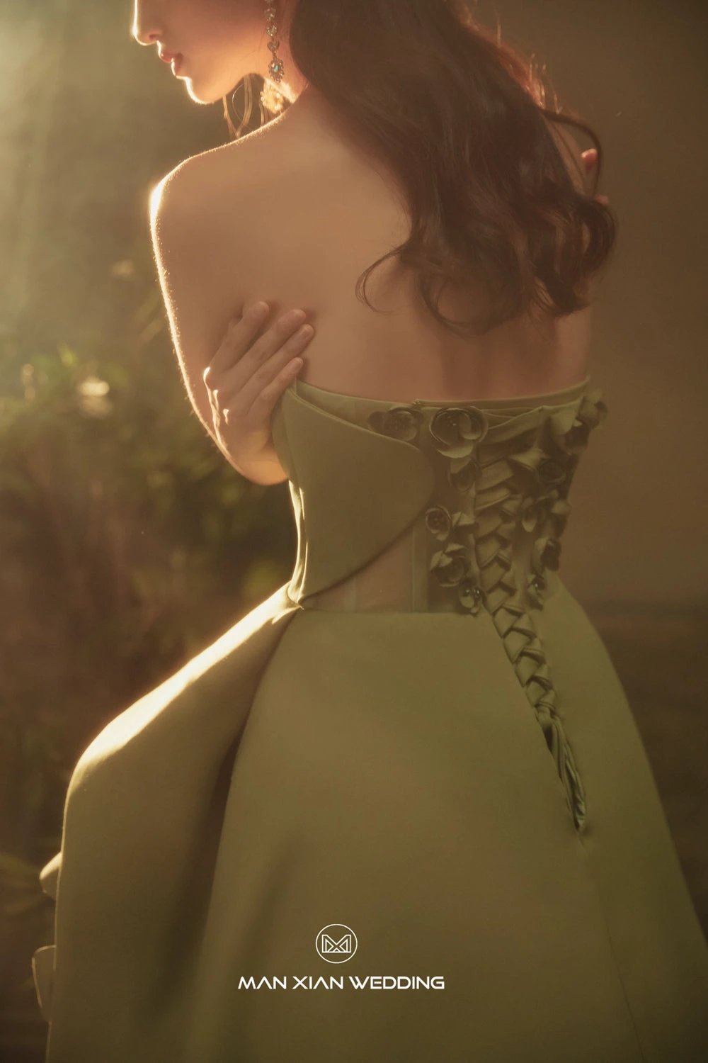 Autumn Olive Green Strapless Satin Ball Gown with 3D Floral Embellishments & Lace-Up Back by ZAPDRESS