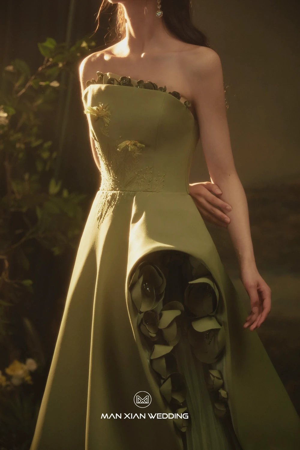 Autumn Olive Green Strapless Satin Ball Gown with 3D Floral Embellishments & Lace-Up Back by ZAPDRESS