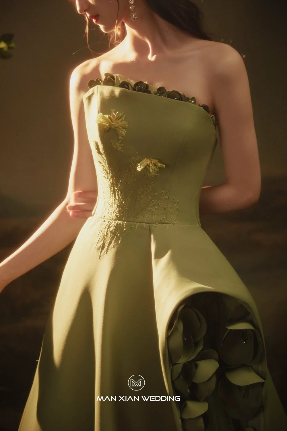 Autumn Olive Green Strapless Satin Ball Gown with 3D Floral Embellishments & Lace-Up Back by ZAPDRESS