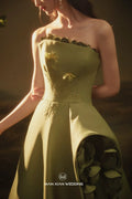 Autumn Olive Green Strapless Satin Ball Gown with 3D Floral Embellishments & Lace-Up Back by ZAPDRESS