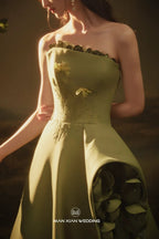 Autumn Olive Green Strapless Satin Ball Gown with 3D Floral Embellishments & Lace-Up Back by ZAPDRESS