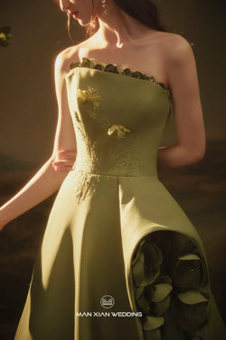 Autumn Olive Green Strapless Satin Ball Gown with 3D Floral Embellishments & Lace-Up Back by ZAPDRESS