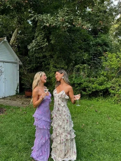 Charming Spaghetti Straps Lavender Chiffon Print Floral Evening Dress Ruffles Long Prom Dress Y8266 by simplepromdress