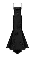 Elegant black mermaid dress with floral texture and thin straps from ZAPDRESS