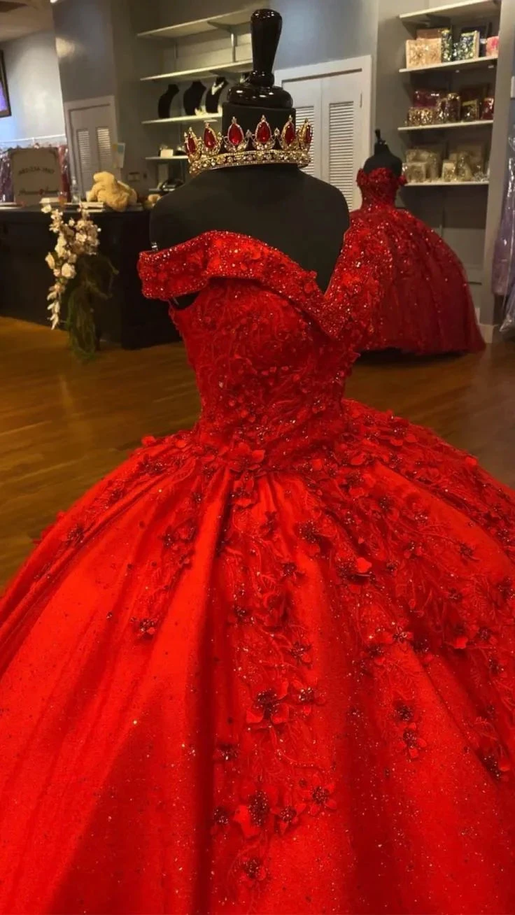 Luxurious Red 3D Flowers Ball Gown,Sweet 16 Dress,Quinceanera Dress Y5321 by simplepromdress